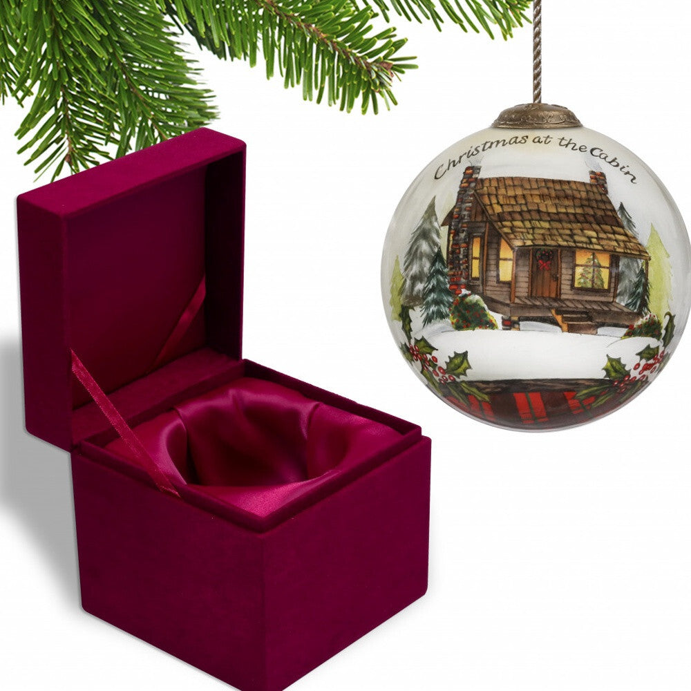 Vintage Christmas at the Cabin Hand Painted Mouth Blown Glass Ornament