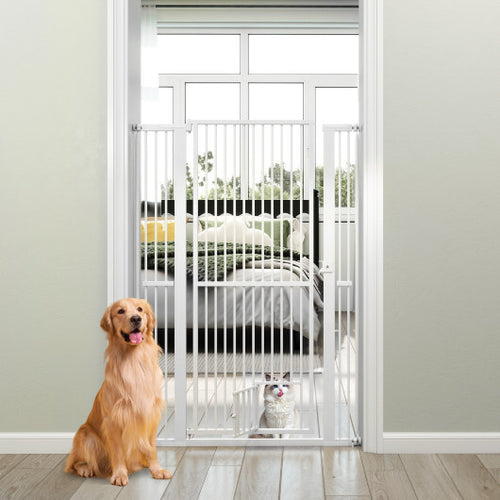 59" Extra Tall Pet Gate Heavy-Duty Metal Cat Gate with Wide Opening-White