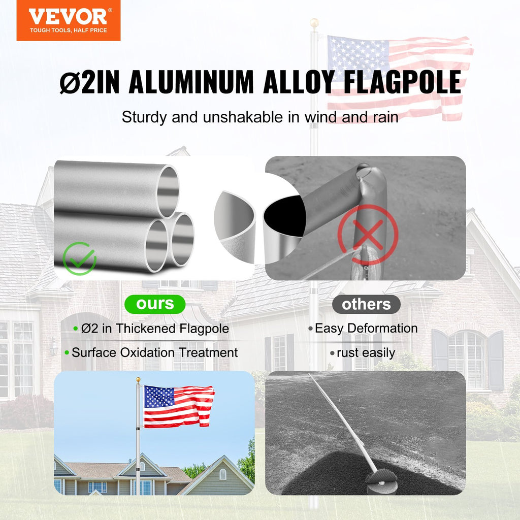 30FT Telescoping Flag pole Kit, Heavy Duty Aluminum Alloy in Ground Flag Poles for Outside, 3 Display Modes Flagpole with 3x5 American Flag, Professional Accessories, Silver