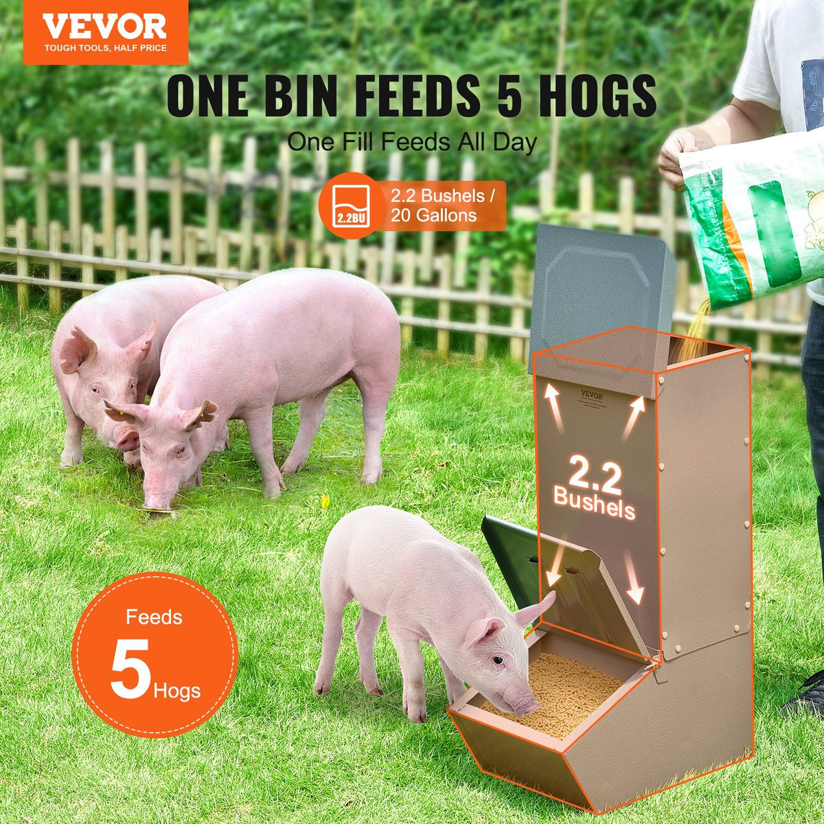 Hog Feeder, 2.2 Bushel Capacity, Single Door Pig Feeder, Heavy Duty Steel Piglets Feeder, Multipurpose Trough Creep Feeder, Outdoor Livestock Feeder Farm Accessory for Feeding up to 5 Hogs