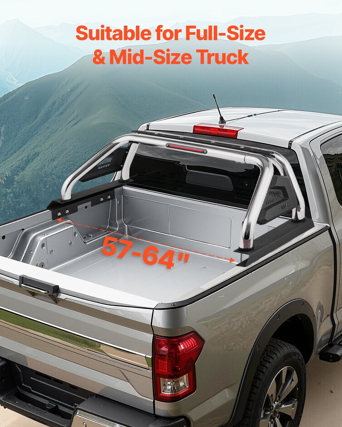 Truck Bed Roll Bar, Universal Adjustable Sport Bar Chase Rack Compatible with Full-Size & Mid-Size Pickup, With LED Brake Light, Stainless Steel + Carbon Steel No Rack Included